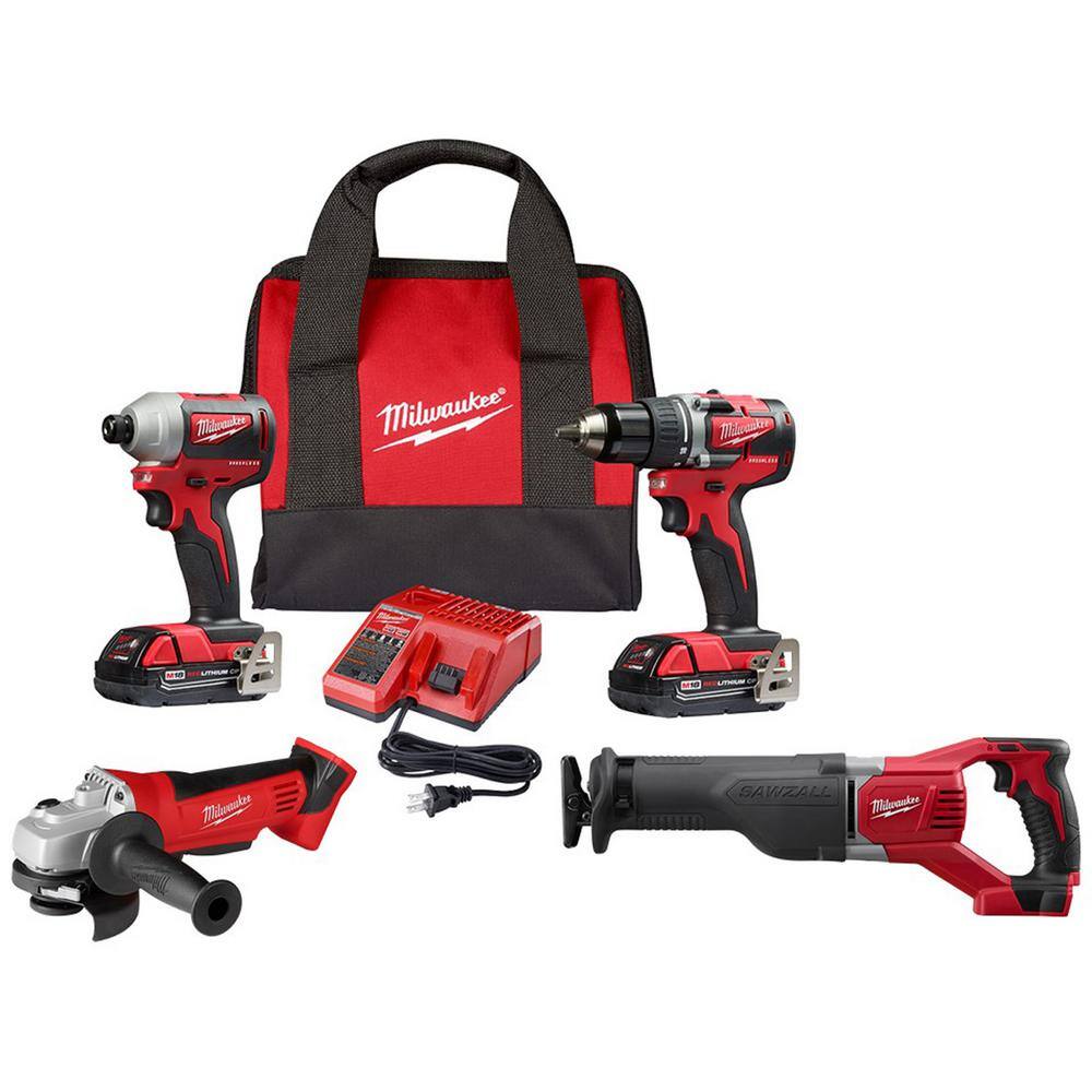 Milwaukee 2892-22CT-2621-20-2680-20 M18 18V Lithium-Ion Brushless Cordless Compact Drill/Impact Combo Kit (2-Tool) with Reciprocating Saw & Grinder