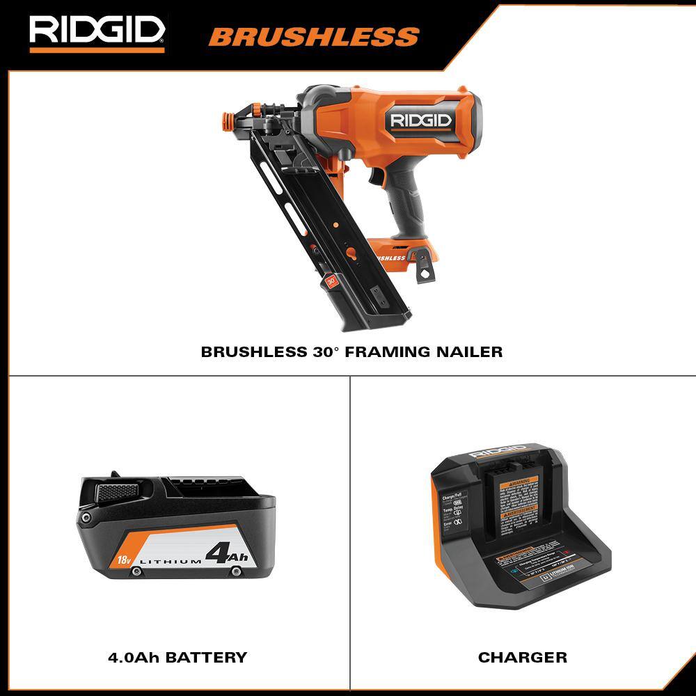 RIDGID R09895KN 18V Brushless Cordless 30-Degree Framing Nailer Kit with 4.0 Ah Battery and Charger