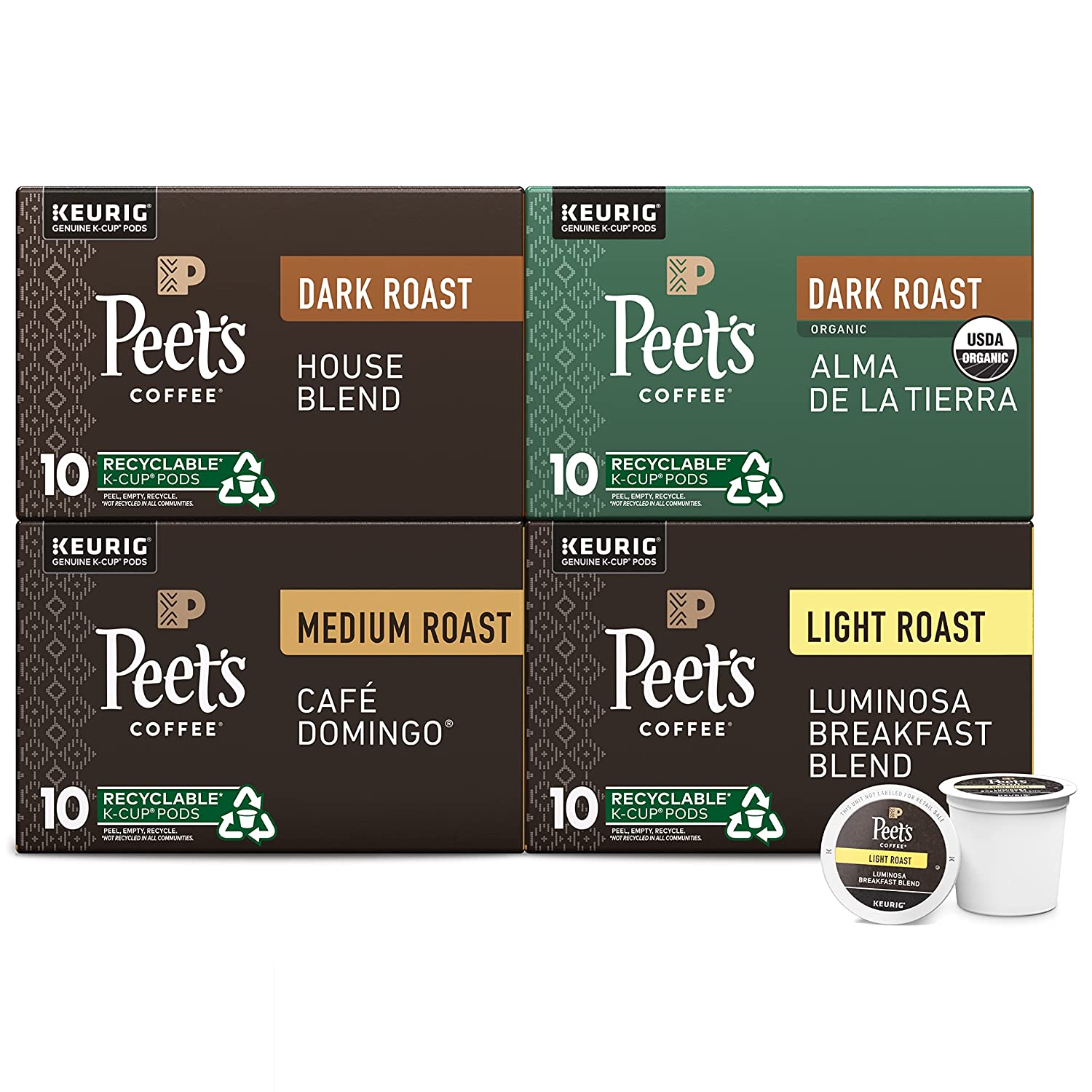 Peet-s Coffee. Dark. Medium. and Light Roast K-Cup Pods for Keurig Brewers - Variety Pack. Luminosa Breakfast Blend. Café Domingo. Organic Alma De La Tierra. House Blend. 40 Count (4 Boxes of 10 K-Cup Pods) Packaging May Vary