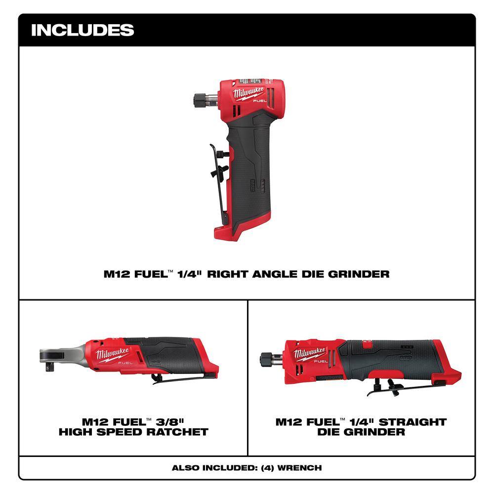 Milwaukee 2567-20-2485-20-2486-20 M12 FUEL 12V Lithium-Ion High Speed 3/8 in. Ratchet w/ (1) 1/4 in. Right Angle and (1) 1/4 in. Straight Die Grinder