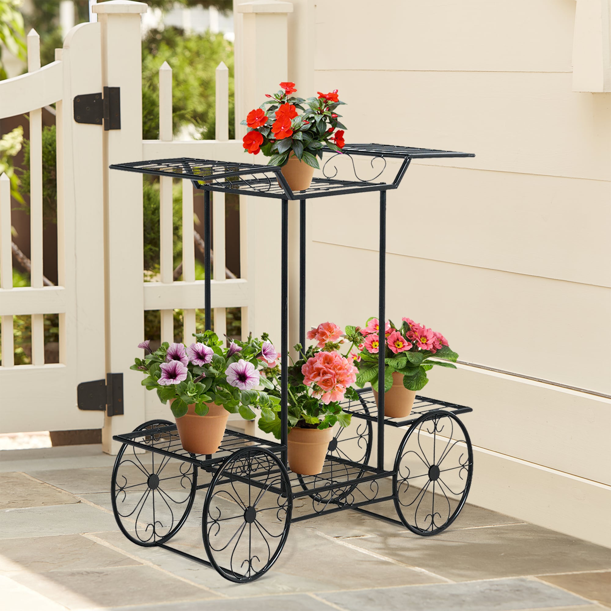 WELLFOR Outdoor Plant Stands 30-in H x 32-in W Black Indoor/Outdoor Novelty Steel Plant Stand