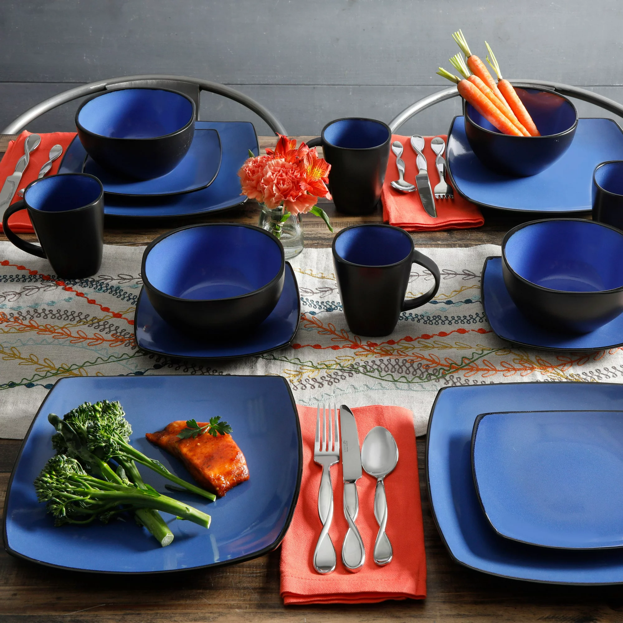 Gibson Home Soho Lounge Square Stoneware 16 Piece Dinnerware Set. Blue