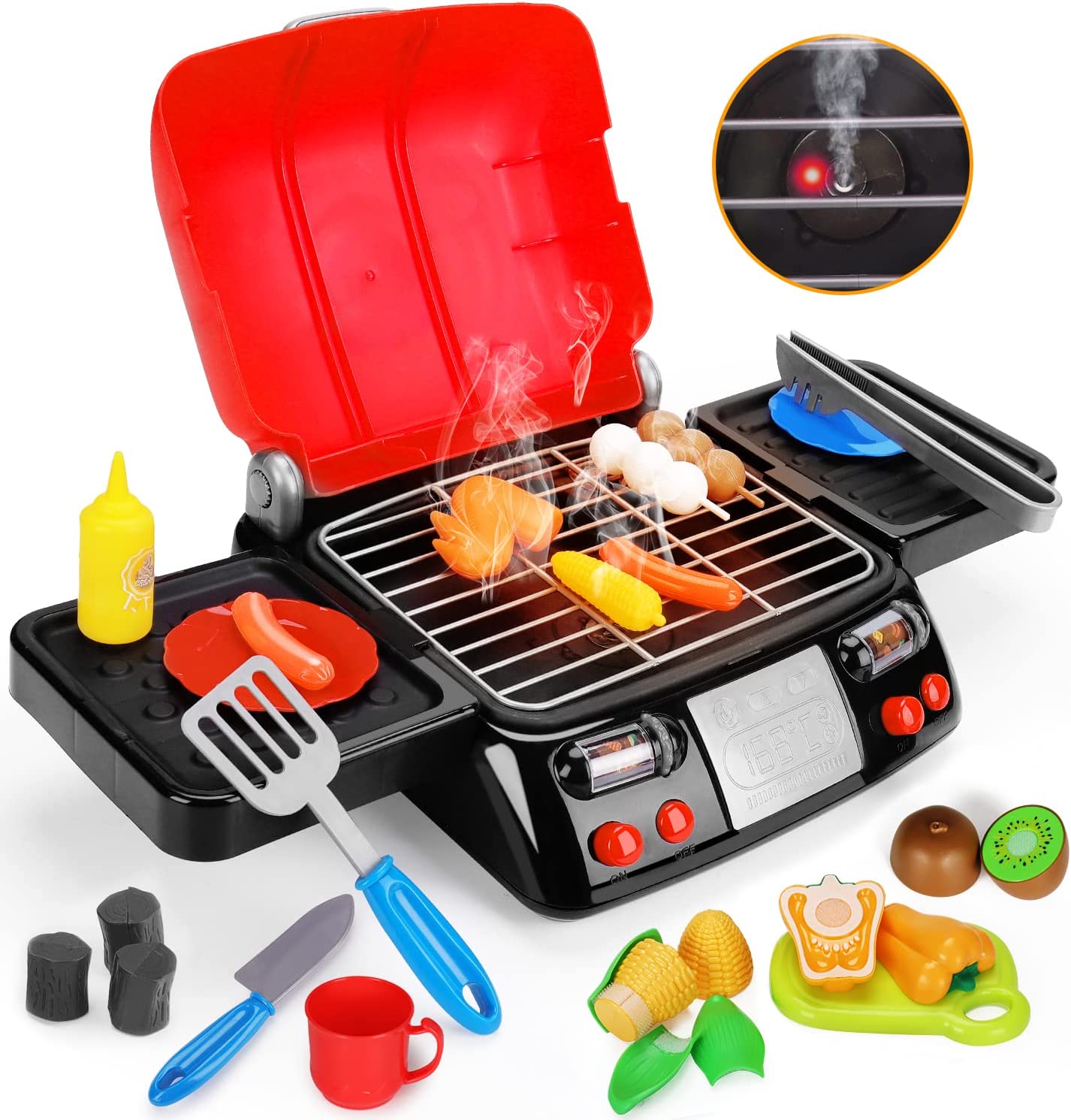 AugToy Kids Play Food Grill with Pretend Smoke Sound Light Kitchen Playset Pretend BBQ Accessories Camping Toy Cooking Set Birthday Outdoor Toys for Toddlers Children Boys Girls Kid Toy