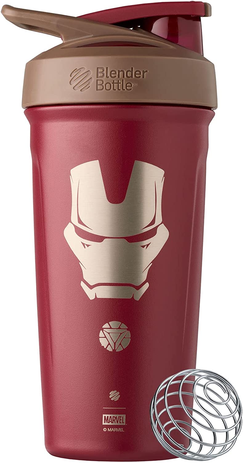 BlenderBottle Marvel Strada Shaker Cup Insulated Stainless Steel Water Bottle with Wire Whisk. 24-Ounce. Iron Man
