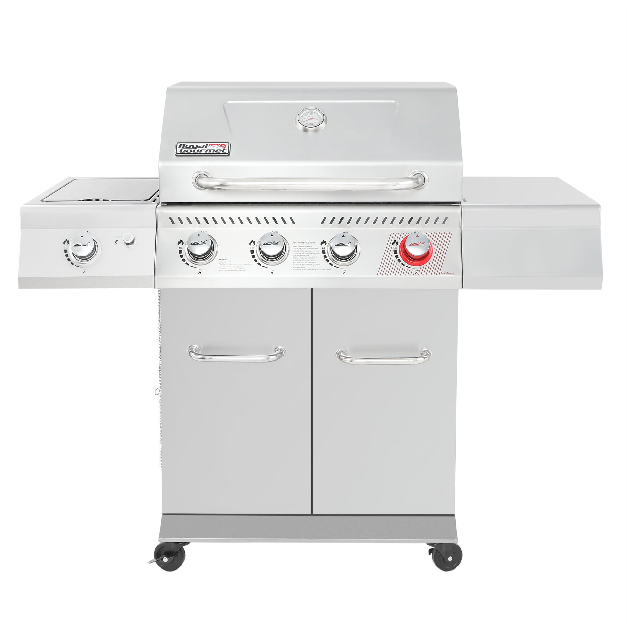 Royal Gourmet GA4402S Stainless Steel 4-Burner BBQ Cabinet Style Gas Grill with Sear Burner and Side Burner Silver