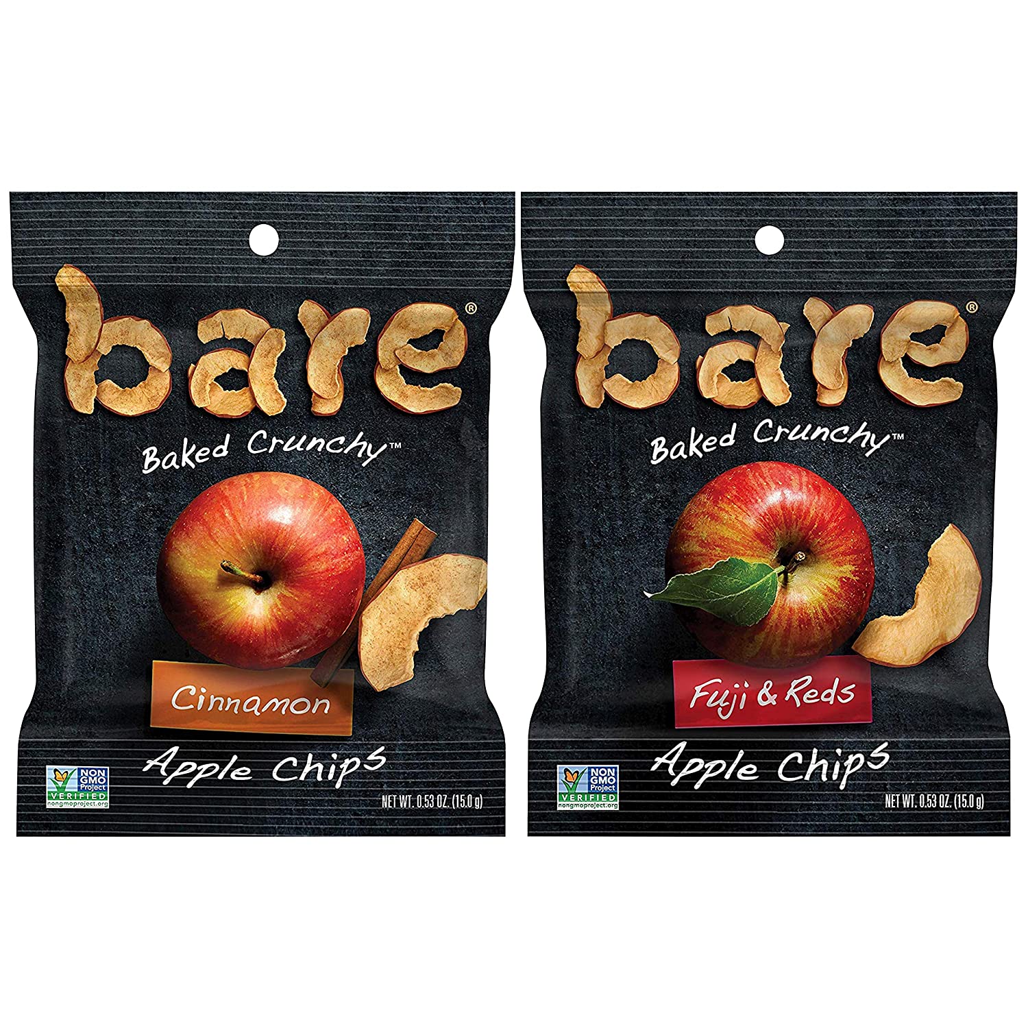 Bare Baked Crunchy Apples Fruit Snack Pack. Gluten Free. Fuji & Reds and Cinnamon Flavors. 0.53oz (16 Count)