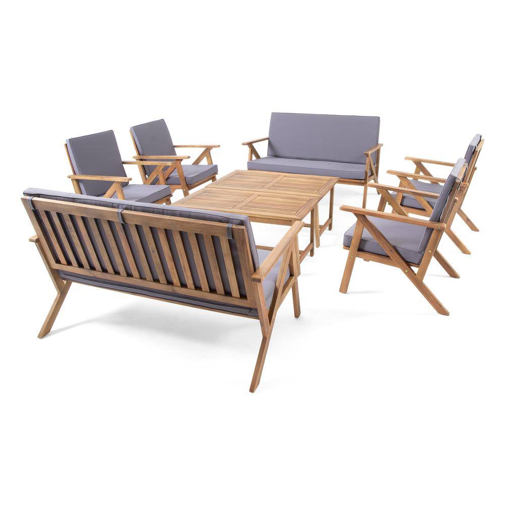 Noble House  Panama Teak Brown 8-Piece Wood Patio Conversation Set with Dark Grey Cushions