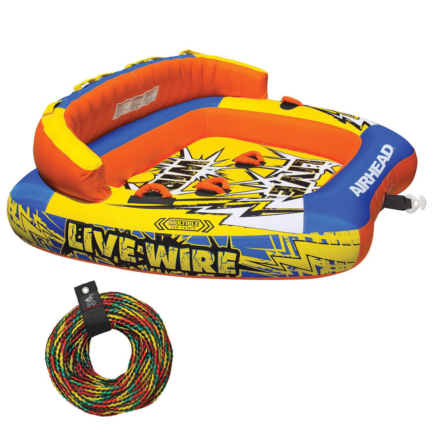 AIRHEAD AHLW-3 Live Wire 3 Inflatable 1-3 Rider Boat Towable Tube + 60′ Tow Rope