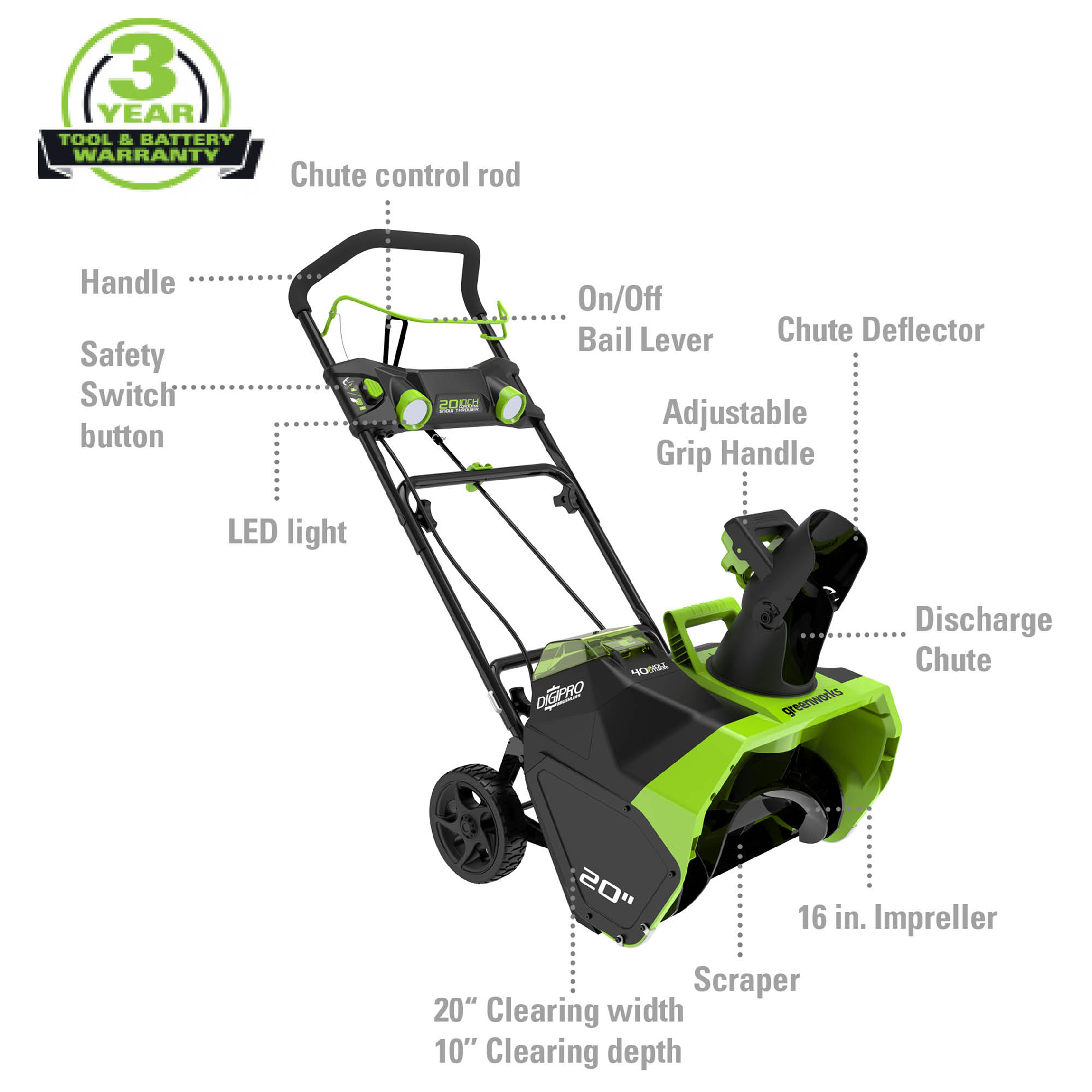 Greenworks 40V 20-inch Brushless Snow Thrower. Battery Not Included. 2601102