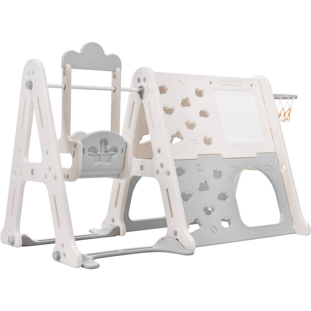 Unbranded LN20232358 6-in-1 Gray HDPE Playset with Tunnel. Climber. Whiteboard. Toy Building Block Baseplates. Basketball Hoop