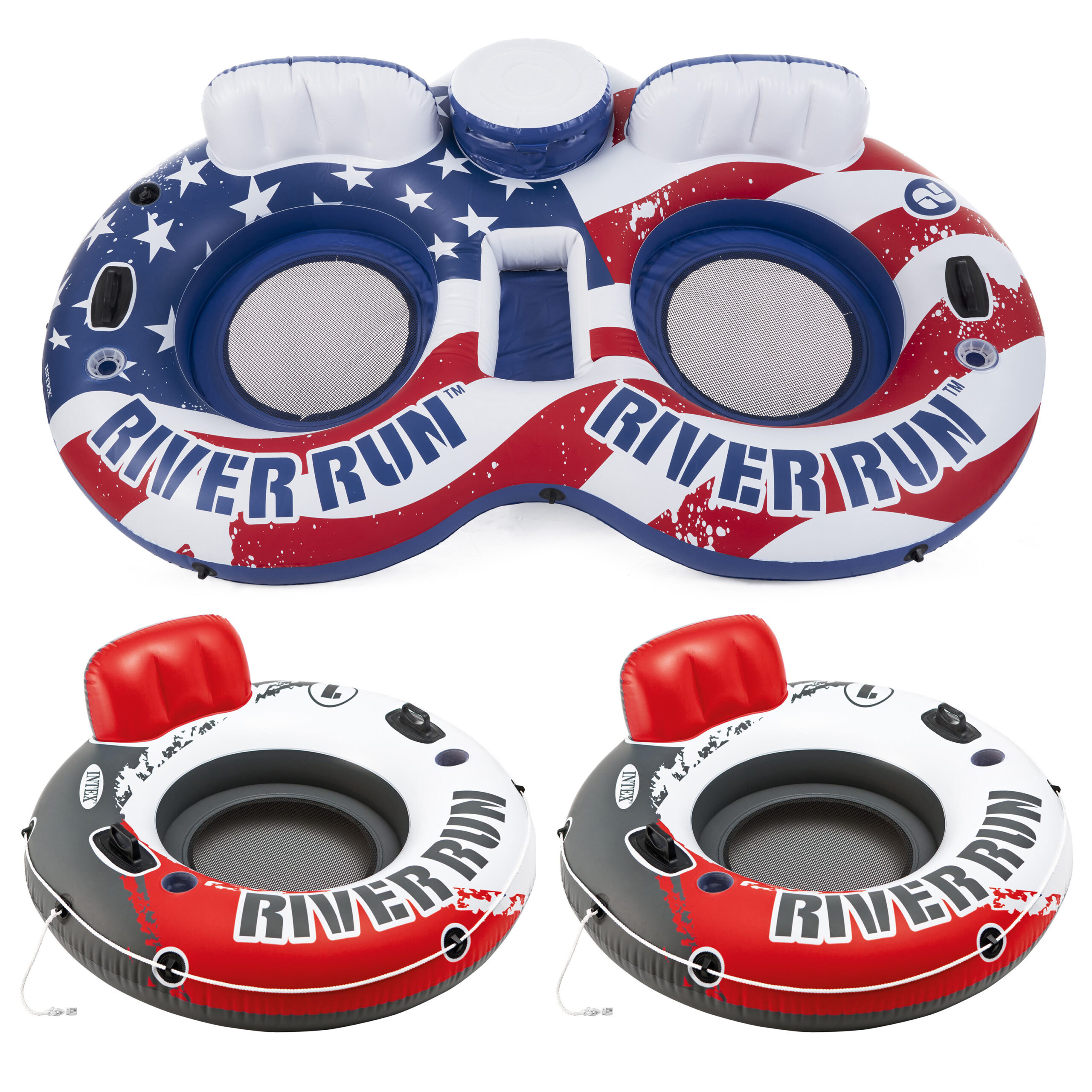 Intex American Flag 2 Person Float w/ River Run 53 Inch Tube. Red (2 Pack)