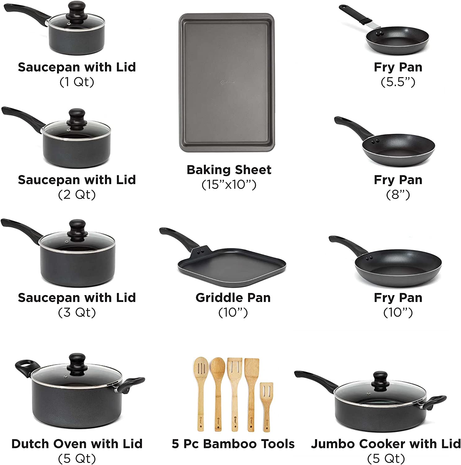 Ecolution Easy Clean Nonstick Cookware Set. Features Kitchen Essentials. Bamboo Cooking Utensils Set. Vented Glass Lids. Ergonomic Grip Handles. Made without PFOA. Dishwasher Safe. 20-Piece. Black