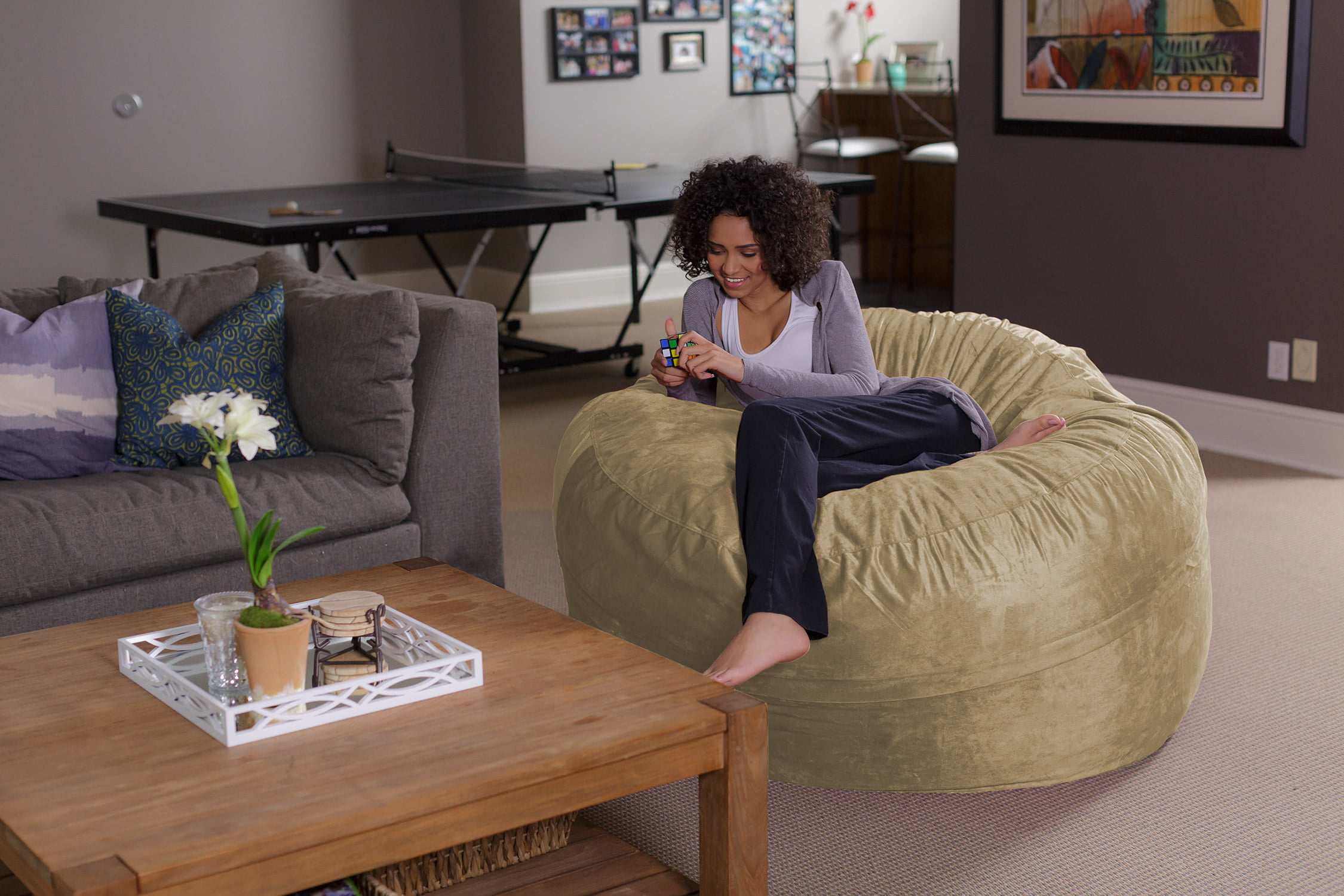 Sofa Sack Bean Bag Chair. Memory Foam Lounger with Microsuede Cover. Kids. Adults. 5 ft. Camel