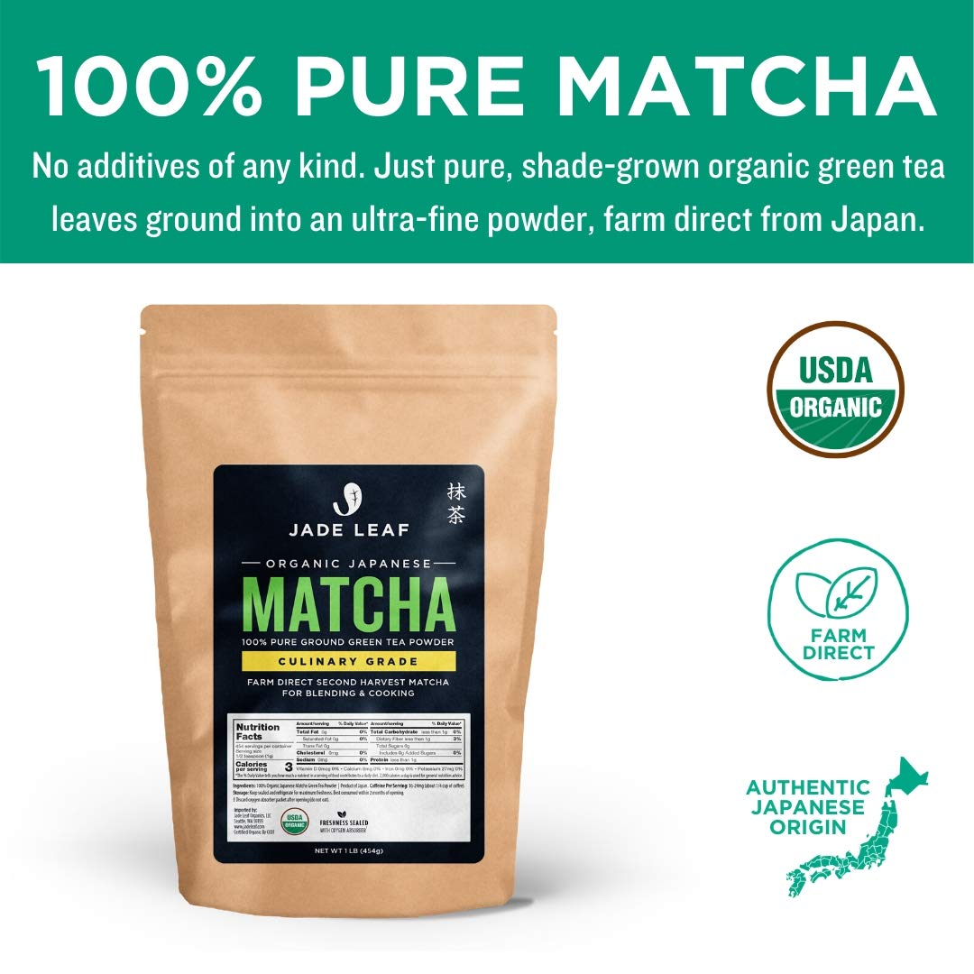 Jade Leaf Organic Matcha Green Tea Powder - Authentic Japanese Origin - Premium Second Harvest Culinary Grade (1 Pound)