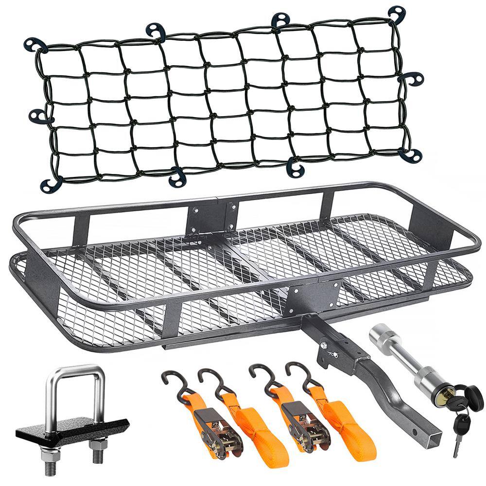 Mockins MA-28 500 lbs. Capacity Hitch Mount Cargo Carrier Set with Net. Basket. Straps. Foldable Shank and 2 in. Raise