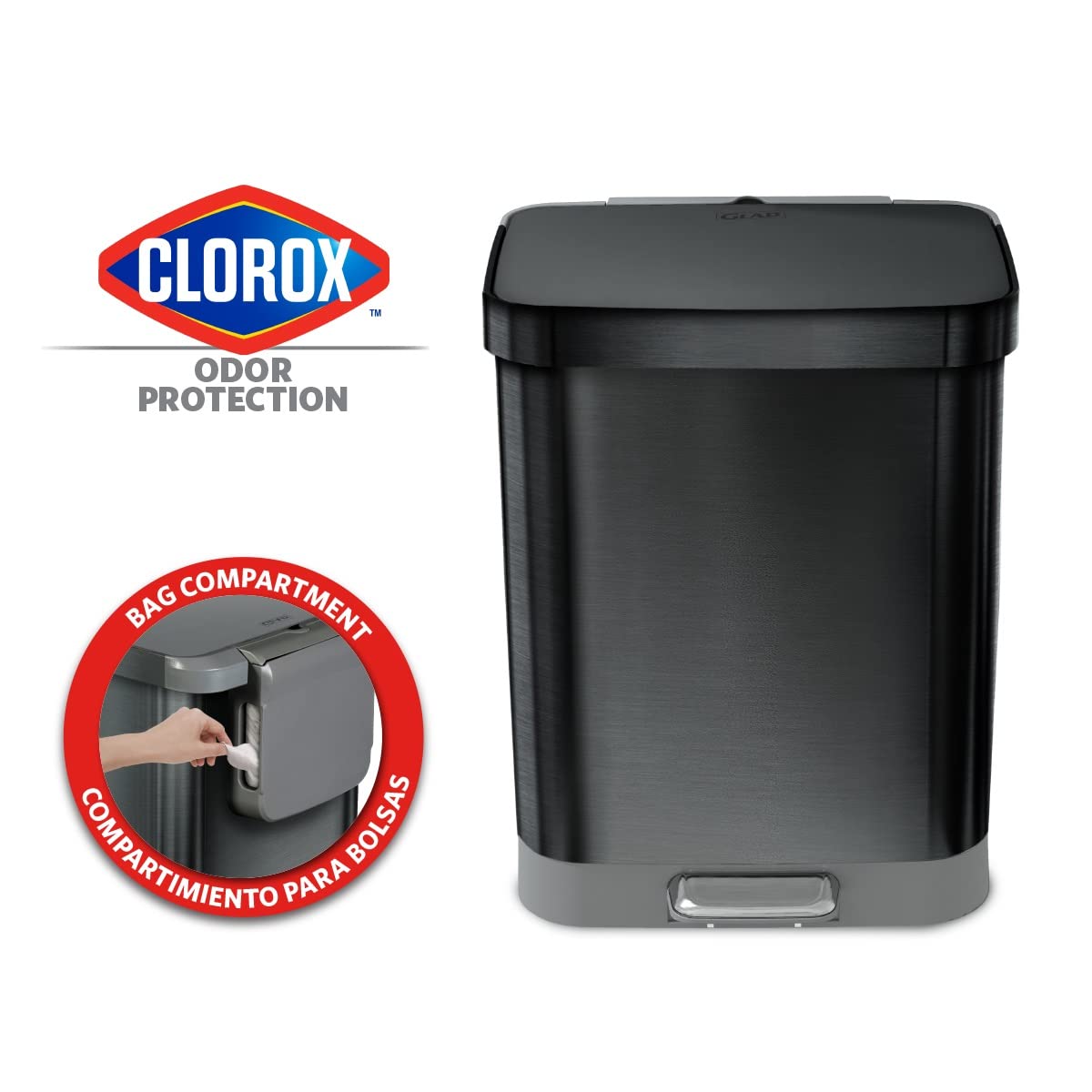 Glad Stainless Steel Step Trash Can with Clorox Odor Protection | Large Metal Kitchen Garbage Bin with Soft Close Lid. Foot Pedal and Waste Bag Roll Holder. 13 Gallon. All Pewter