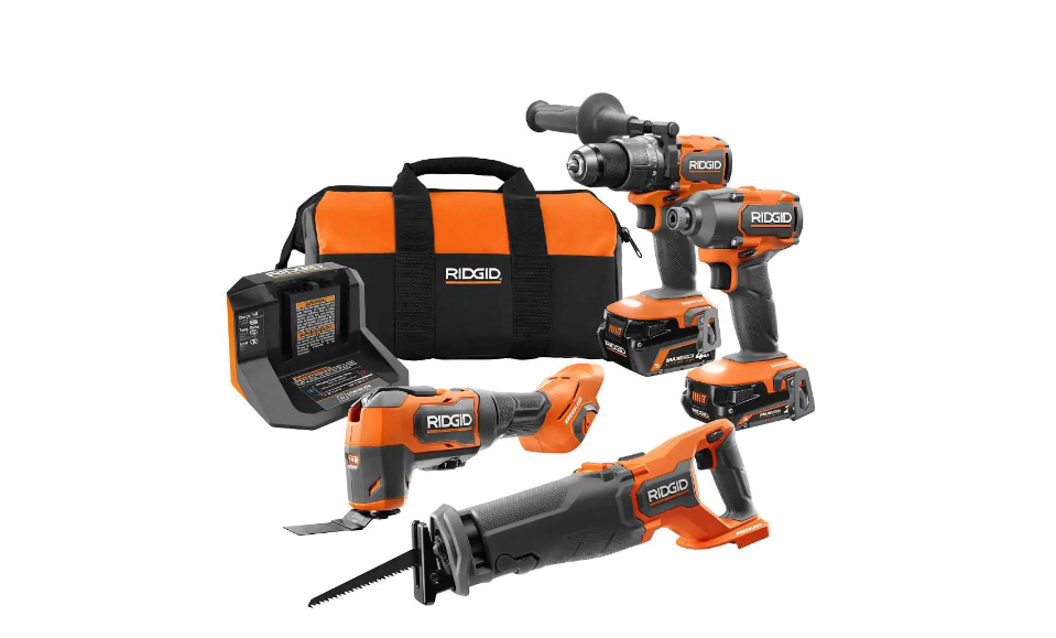 RIDGID R9225 18V Brushless Cordless 4-Tool Combo Kit with (1) 4.0 Ah and (1) 2.0 Ah MAX Output Batteries. 18V Charger. and Tool Bag
