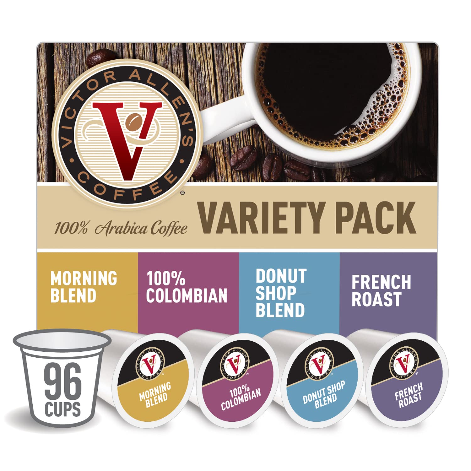 Victor Allen FG014319 Donut Shop. Morning Blend. 100% Colombian. and French Roast Variety Pack for K-Cup. Keurig 2.0 Brewers. 96 Count Victor Allen's Coffee Single Serve Coffee Pods