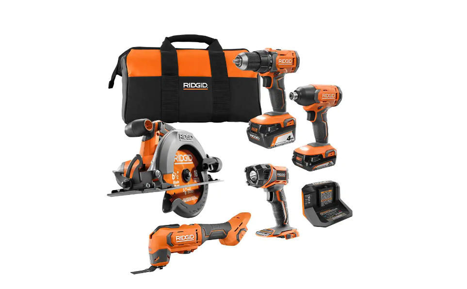 RIDGID R9257SB2 18V Cordless 5-Tool Combo Kit with (1) 2.0 Ah Battery. (1) 4.0 Ah Battery. Charger. and Bag
