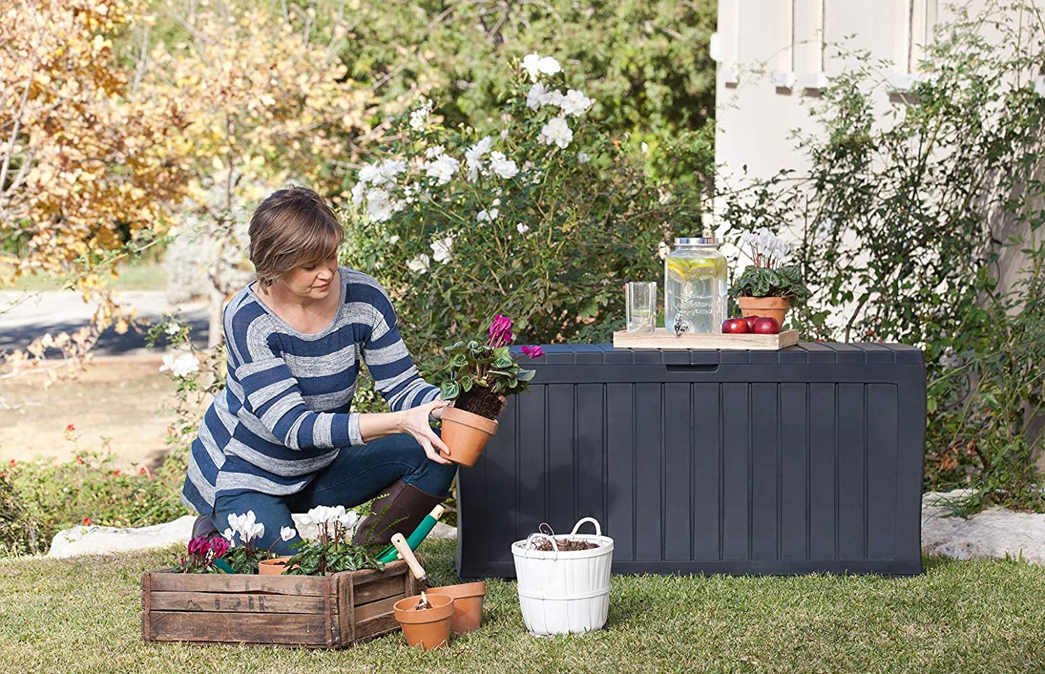 Keter Marvel Plus 71 Gallon Resin Deck Box-Organization and Storage for Patio Furniture Outdoor Cushions. Throw Pillows. Garden Tools and Pool Toys. Graphite