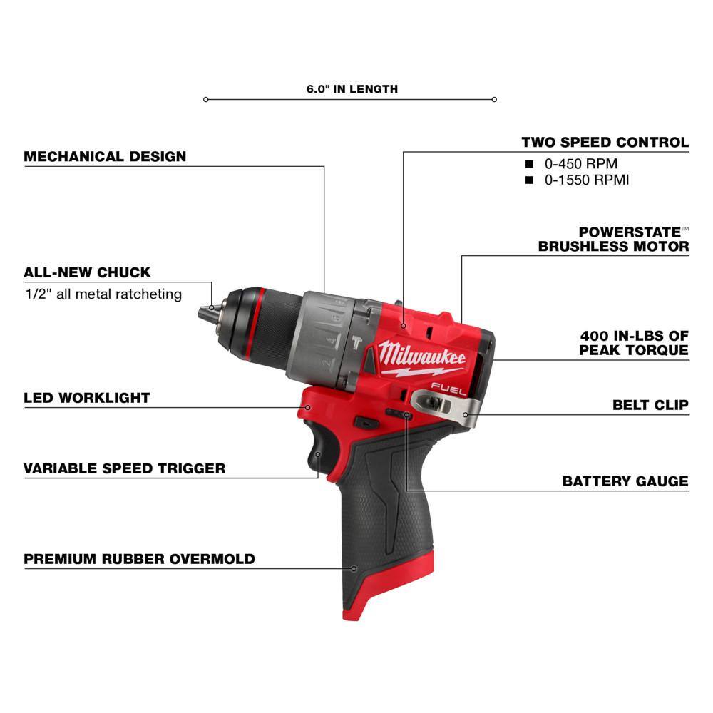 Milwaukee 3404-20 M12 FUEL 12V Lithium-Ion Brushless Cordless 1/2 in. Hammer Drill (Tool-Only)