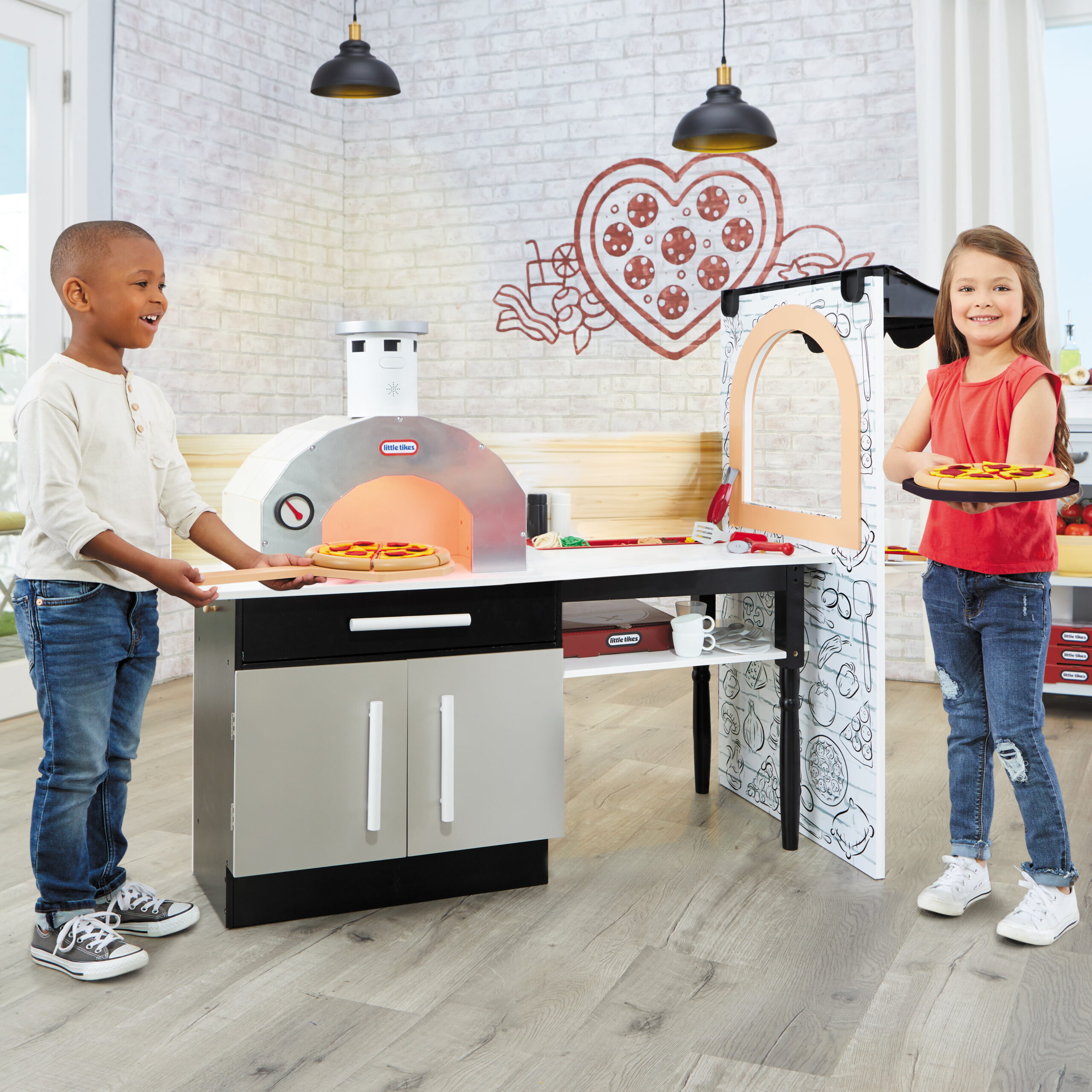 Little Tikes Real Wood Pizza Restaurant 20-Piece Wooden Pretend Play Kitchen Toys Playset. Realistic Lights & Sounds. Dual Sided Play. White and Gray- For Kids Girls Boys Ages 3 4 5+