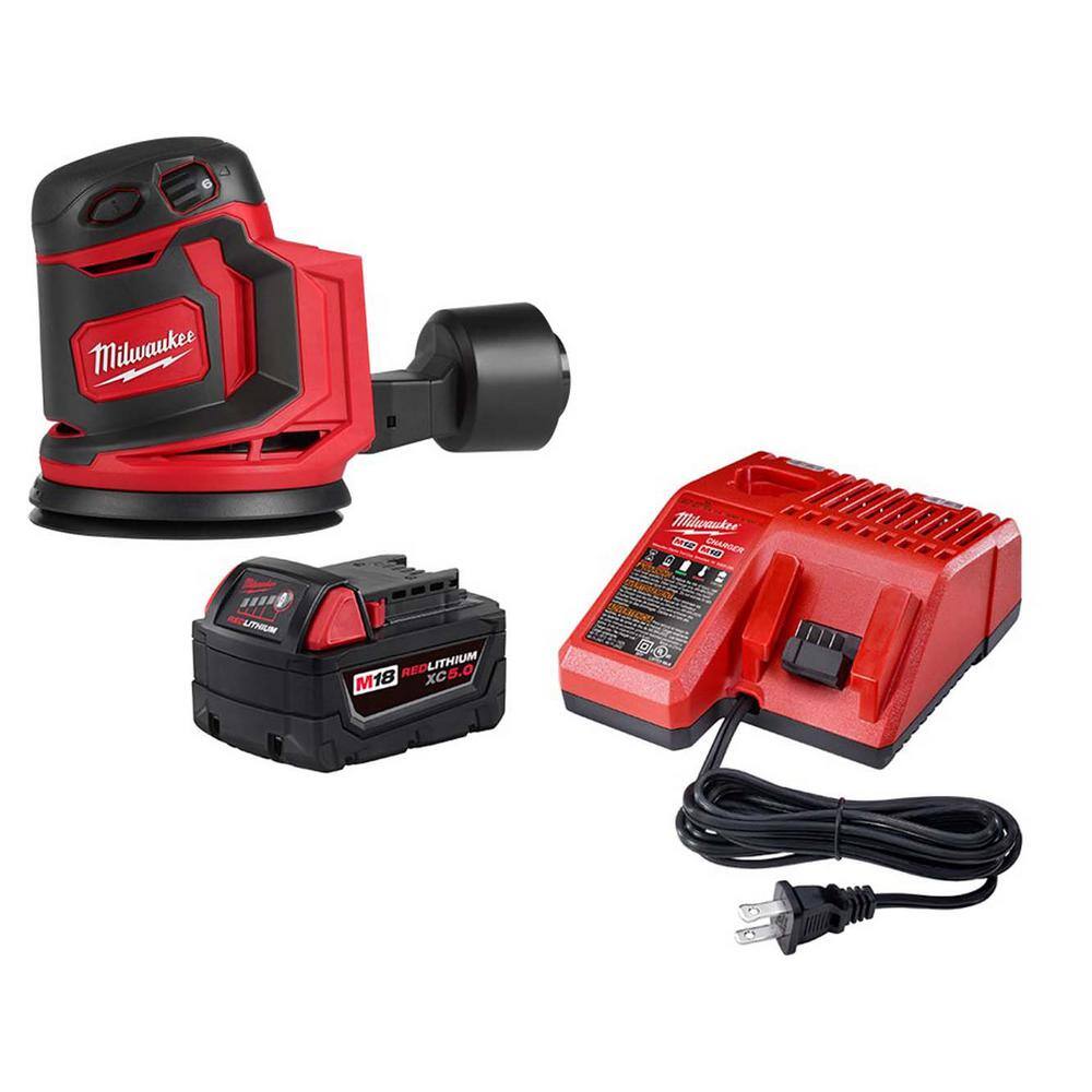 Milwaukee 48-59-1850-2648-20 M18 18-Volt Lithium-Ion Cordless 5 in. Random Orbit Sander w/5.0Ah Battery Starter Kit