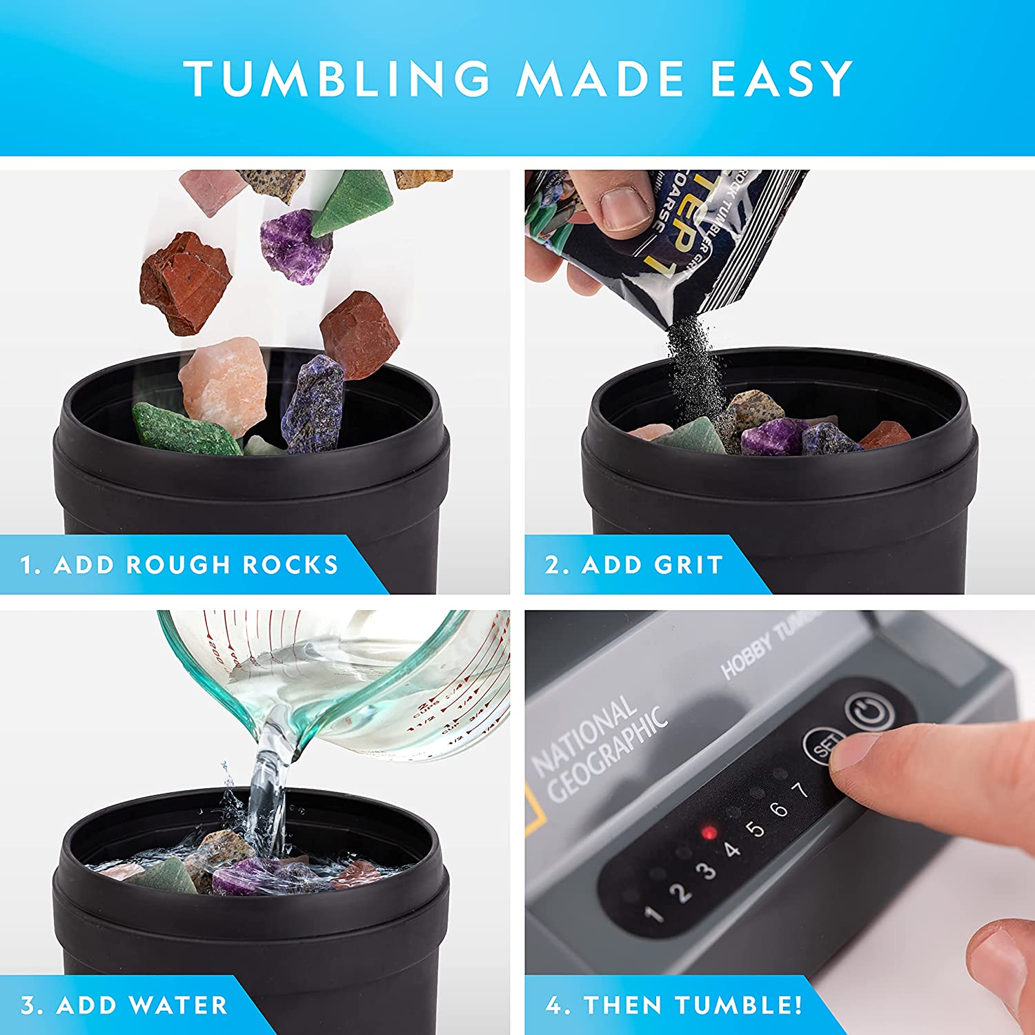 NATIONAL GEOGRAPHIC Hobby Rock Tumbler Kit - Includes Rough Gemstones. 4 Polishing Grits. Jewelry Fastenings. Learning Guide. Great Stem Science Kit