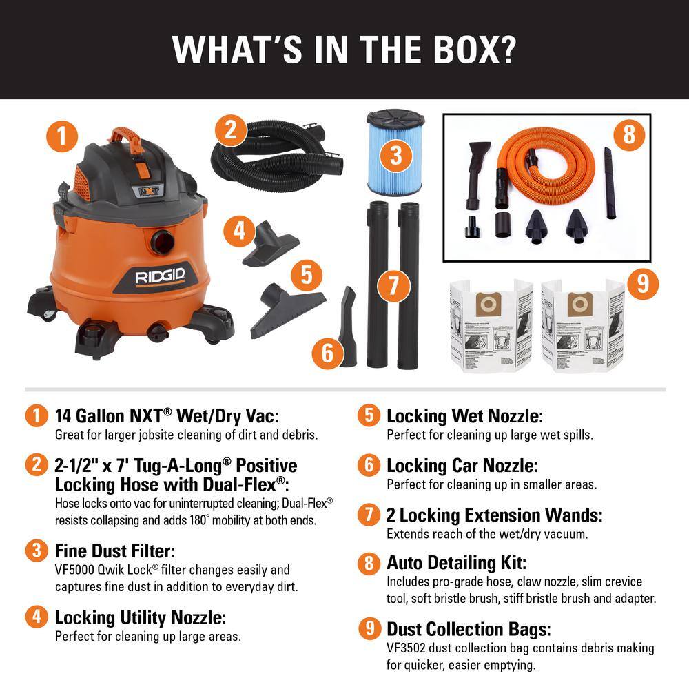 RIDGID HD1401A 14 Gallon 6.0 Peak HP NXT Wet/Dry Shop Vacuum with Fine Dust Filter. Dust Bags. Hose. Accessories and Car Cleaning Kit