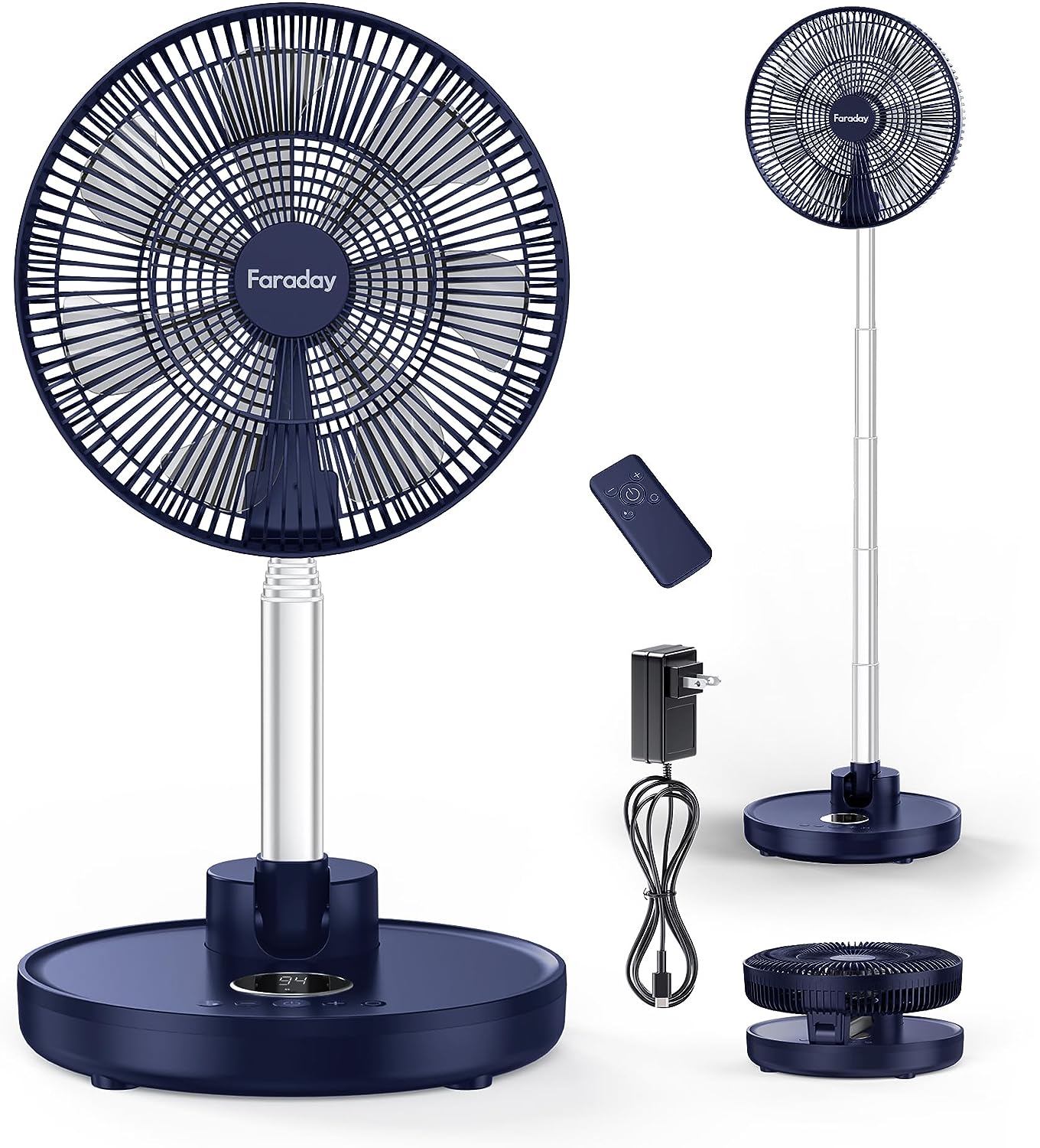 FARADAY Oscillating Standing Fan 12 Foldable Portable Quiet Floor Fan 12000mAh Rechargeable Pedestal Fan with Remote. Timer Setting. Height Adjustable Foldaway Fan for Bedroom Home Office. 6 Speed. Navy Blue