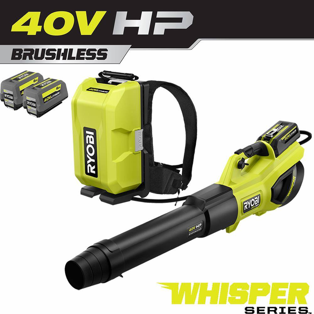 RYOBI RY404180 40V HP Brushless Whisper Series 190 MPH 730 CFM Blower and Backpack Battery w/ (2) 6.0 Ah Batteries & Charger