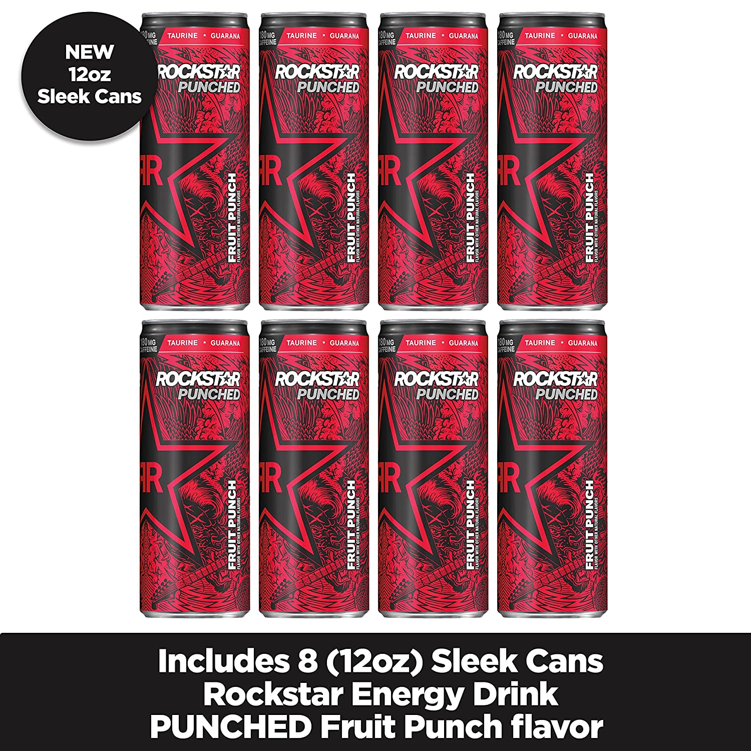 Rockstar Energy Drink. Punched. 12oz Sleek Cans (8 Pack)