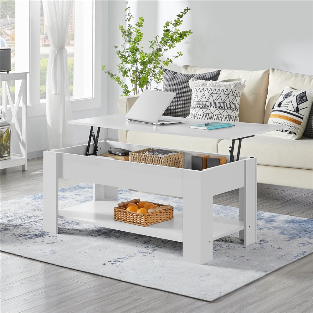 SMILE MART Modern 47.5″ Wood Lift Top Coffee Table with Lower Shelf. White