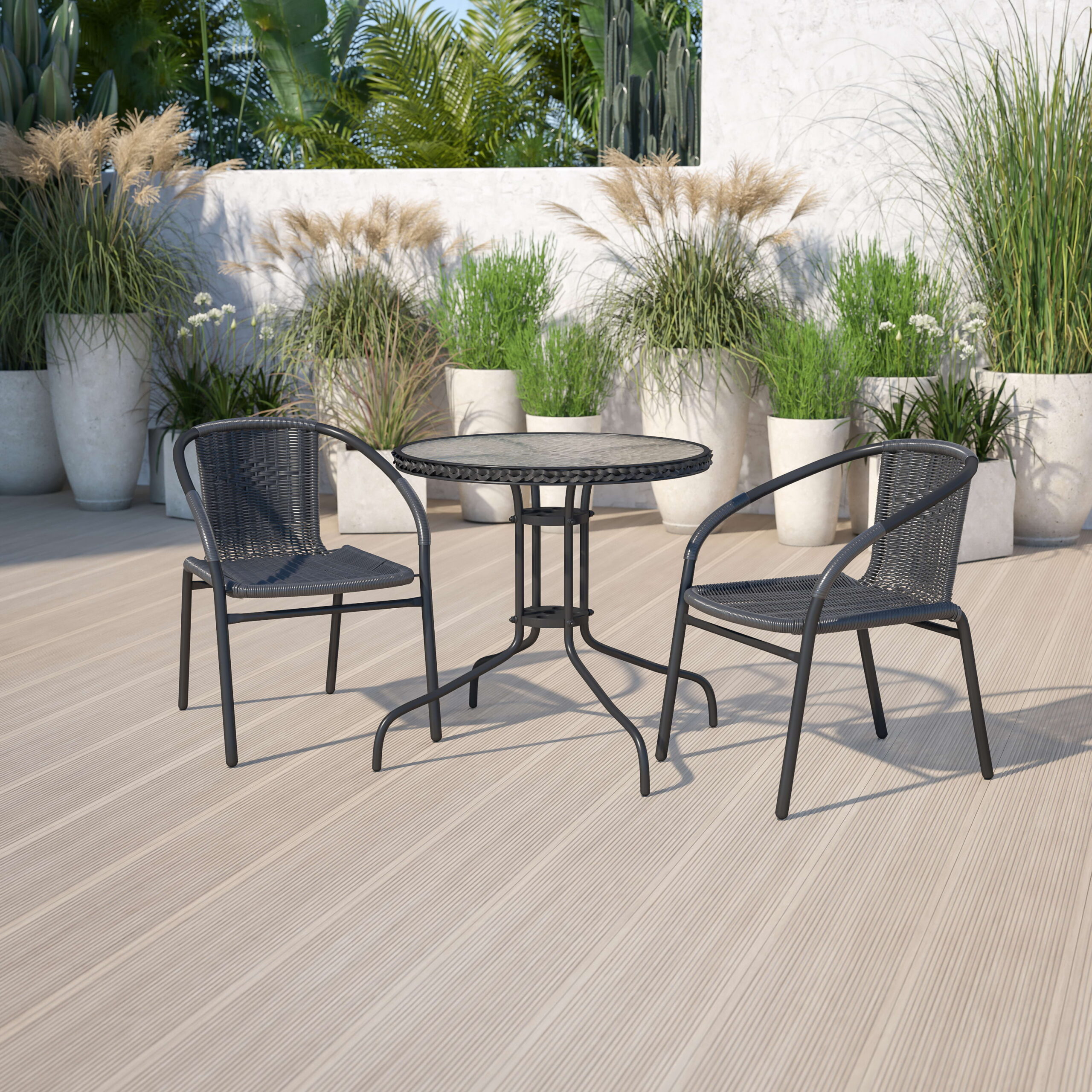 Flash Furniture 28” Round Glass Metal Table with Black Rattan Edging and 2 Black Rattan Stack Chairs