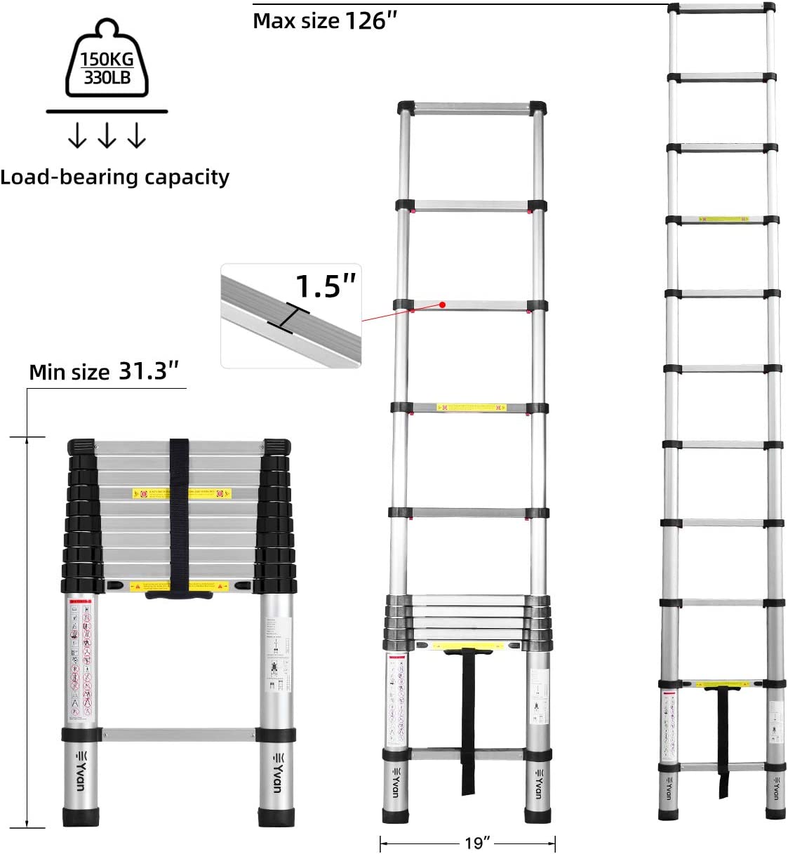 Yvan ‎TL-S180002 Telescoping Ladder. 10.5 FT One Button Retraction Aluminum Telescopic Extension Extendable Ladder.Slow Down Design Multi-Purpose Compact Ladder for Household Daily or Hobbies.250 Lb Capacity