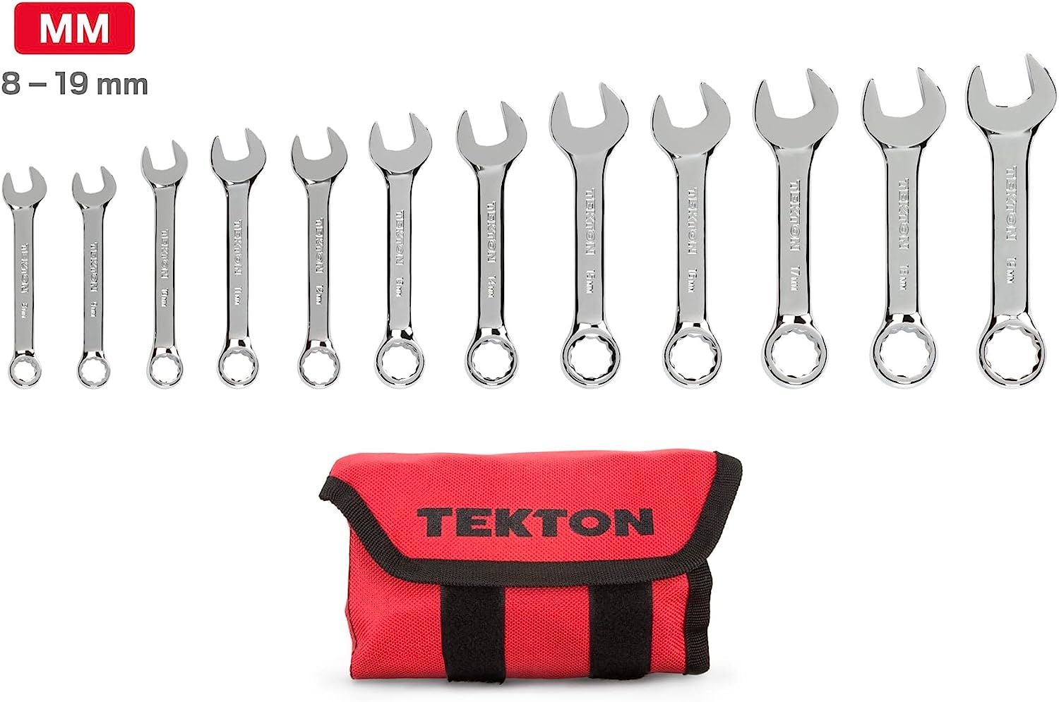 TEKTON Stubby Combination Wrench Set. 12-Piece (8-19 mm) - Pouch | WRN01190