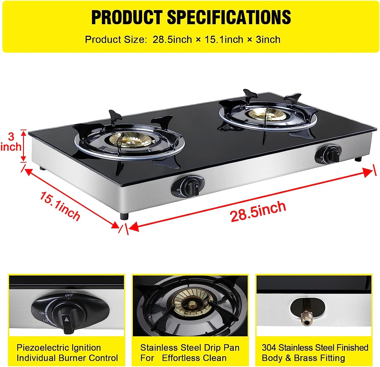 Forimo Propane Gas Cooktop 2 Burners Stove portable gas stove Tempered Glass Double Auto Ignition Camping Burner LPG for RV. Apartments. Outdoor