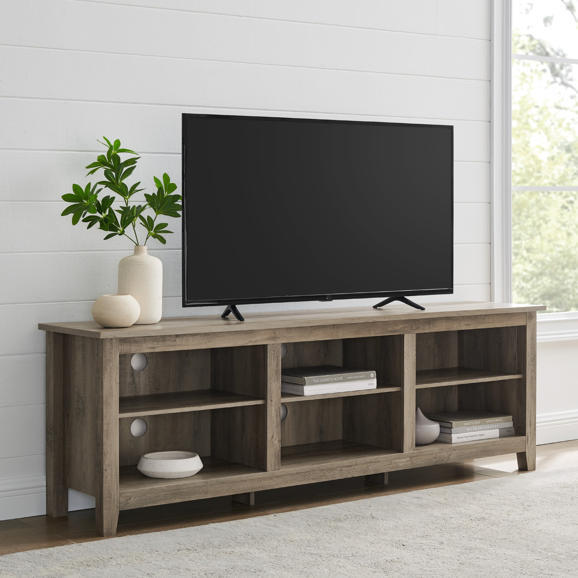 Woven Paths Open Storage TV Stand for TVs up to 80″. Grey Wash