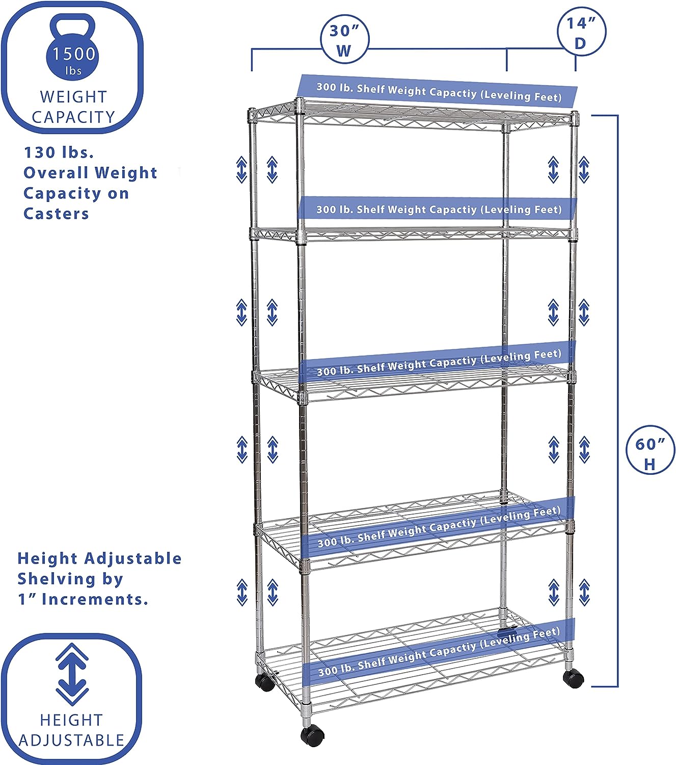 Seville Classics 5-Tier Wire Shelving with Wheels. 5-Tier. 30″” W x 14″” D (NEW MODEL). Chrome Plating. Plated Steel