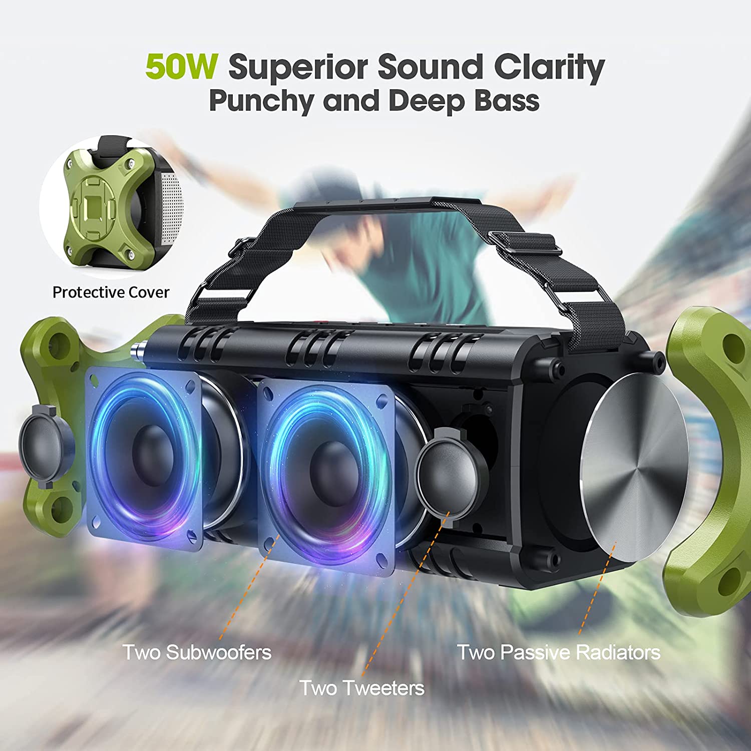Bluetooth Speakers. W-KING 50W Deep Bass Portable Loud Bluetooth Speaker. IPX6 Waterproof Outdoor Speaker with HD Stereo Sound/Wireless Two Pairing/2-Equalizer/Power Bank/30H Playtime/TF Card/AUX/NFC