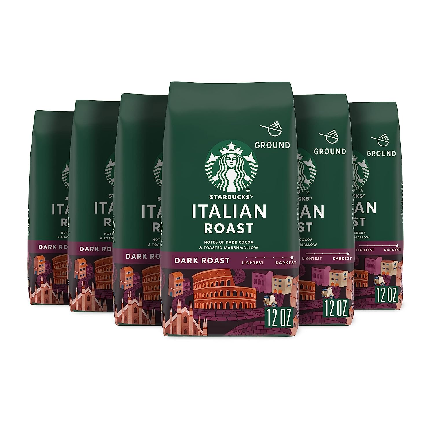 Starbucks Dark Roast Ground Coffee. Italian Roast. 100% Arabica. 6 bags (12 oz.)