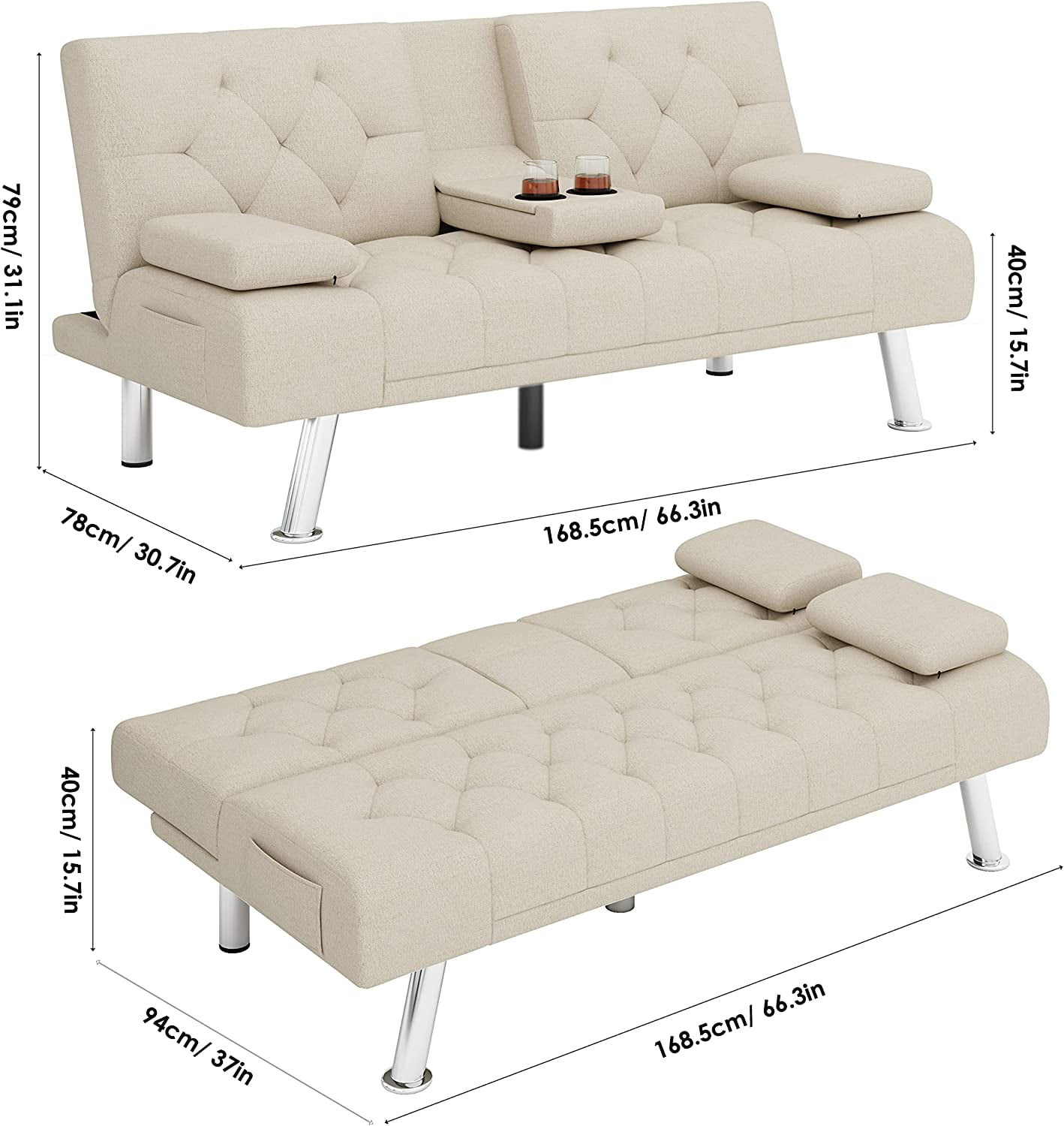 Homfa Upholstered Sofa Bed Couch. Convertible Futon Sleeper Sofa with Removable Armrests and 2 Cup Holders. Cream White