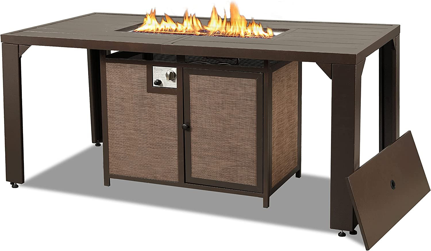 PIZZELLO Fire Pit Table 62.5″ Propane Outdoor Patio Dining Table Rectangular with Fire Glass Bead. Brown