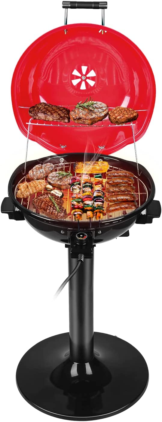 Electric BBQ Grill Techwood 15-Serving Indoor/Outdoor Electric Grill for Indoor & Outdoor Use. Double Layer Design. Portable Removable Stand Grill. 1600W (Stand Red BBQ Grills)