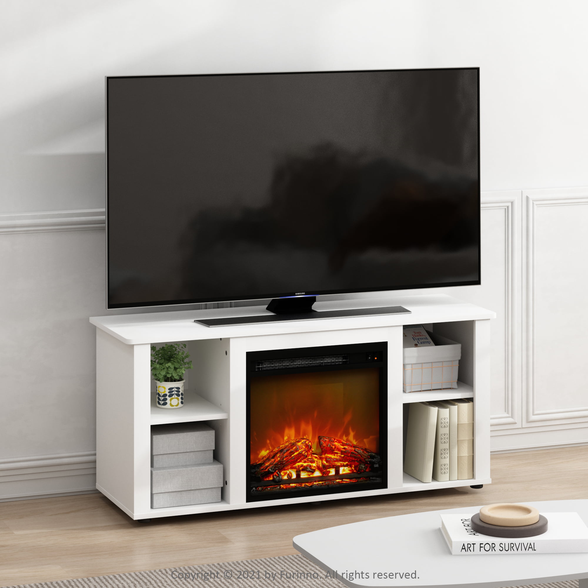 Furinno Jensen Fireplace TV Stand for TVs up to 55″. Solid White