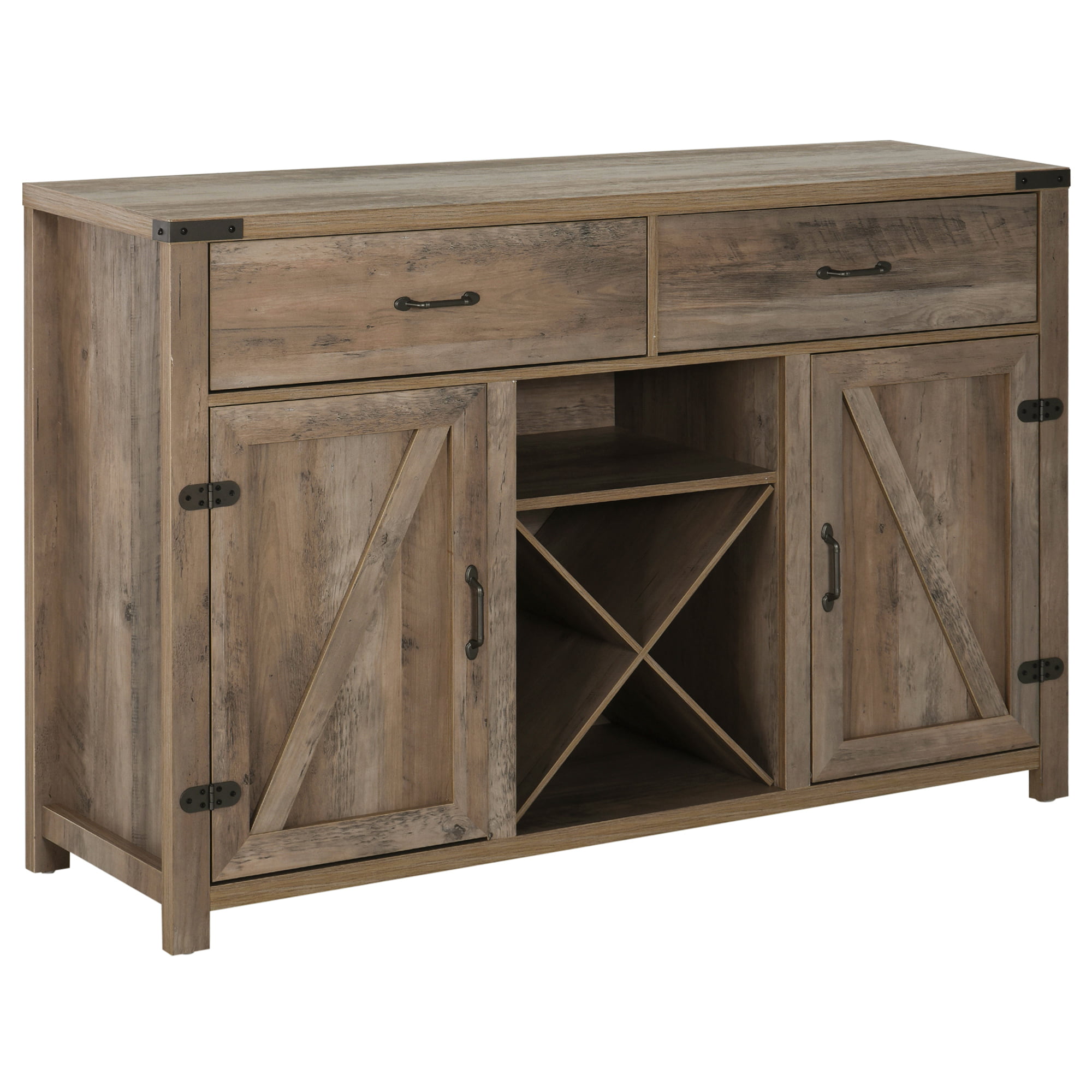 HOMCOM Farmhouse Coffee Bar Cabinet. Sideboard Buffet Cabinet Wine Cabinet with Drawers. Barn Style Doors. TV Stand up to 60 Inches. Wine Rack. Distressed Oak Brown