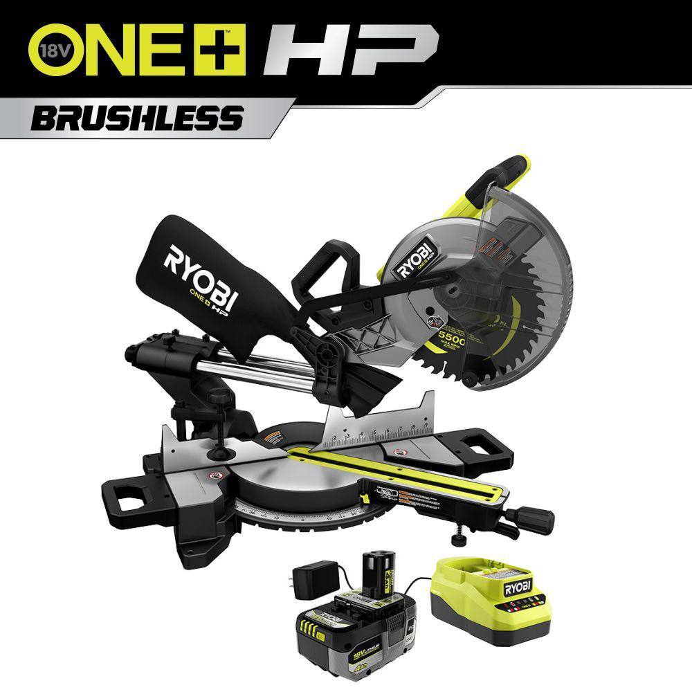 RYOBI PBLMS01K ONE+ HP 18V Brushless Cordless 10 in. Sliding Compound Miter Saw Kit with 4.0 Ah HIGH PERFORMANCE Battery and Charger
