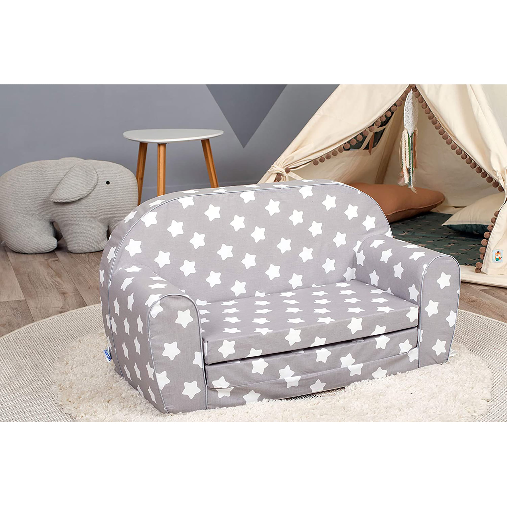 DELSIT Toddler Couch & Kids Sofa - European Made Children-s 2 in 1 Flip Open Foam Double Sofa - Kids Folding Sofa. Kids Couch - Comfy fold Out Lounge (Gray with Stars)