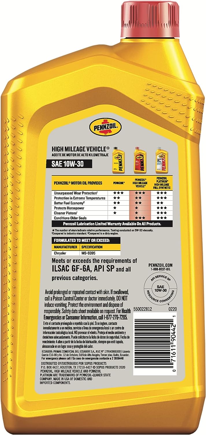 Pennzoil - 550022812-6PK High Mileage Motor Oil 10W-30 – 1 Quart (Pack of 6)