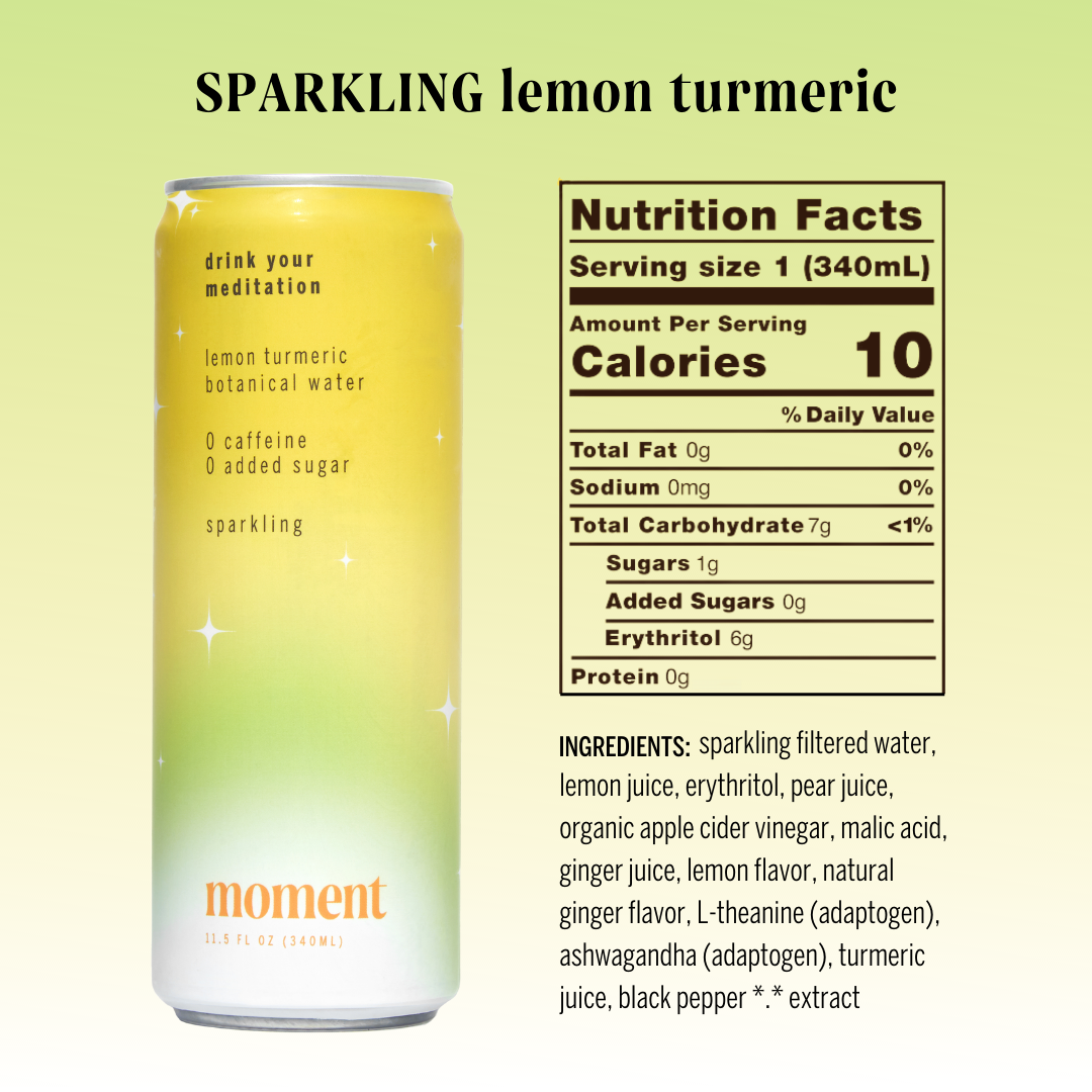 Moment Botanical Water. Lemon Turmeric. Sparkling. Zero Added Sugar. 12 Pack. 11.5 fl oz